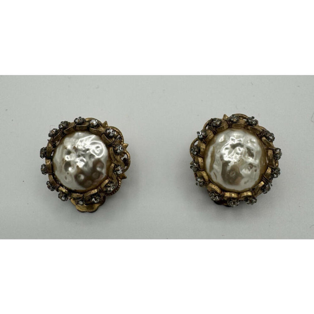 Miriam Haskell Pearl Rhinestone Gold Tone Clip-On Earrings
